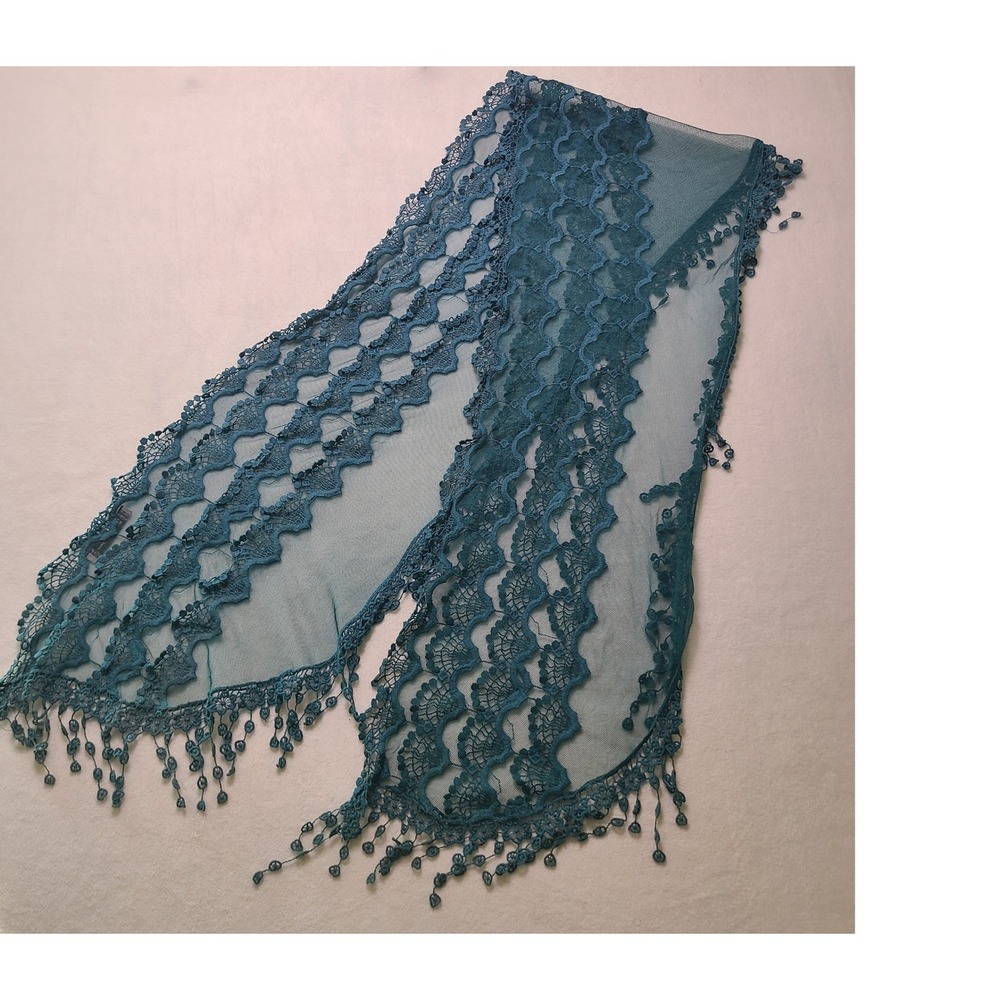 Young Essence OS Scarf Boho Romantic Teal Blue Lace Mesh Beaded Fringe Trim Y2K